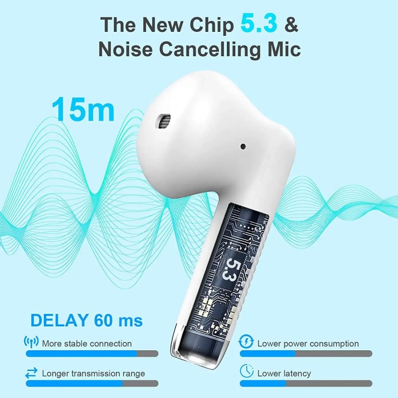 Bezprzewodowe słuchawki douszne Bluetooth 5.3, słuchawki HiFi z redukcją szumów