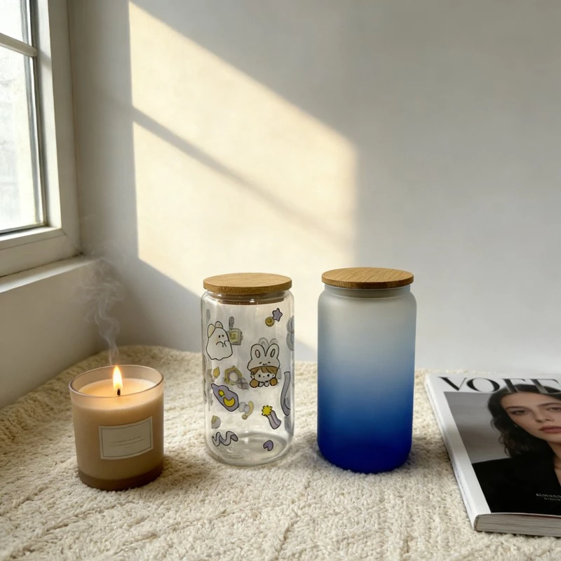 Borosilicate Glass Can Tumblers With Bamboo Lids Borosilicate Glass Can Tumblers With Bamboo Lids