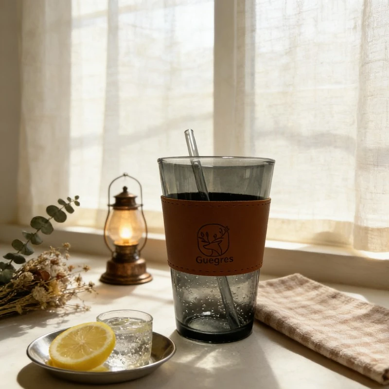 Tinted Glass Tumbler Set With Removable Leather Sleeves Tinted Glass Tumbler Set With Removable Leather Sleeves